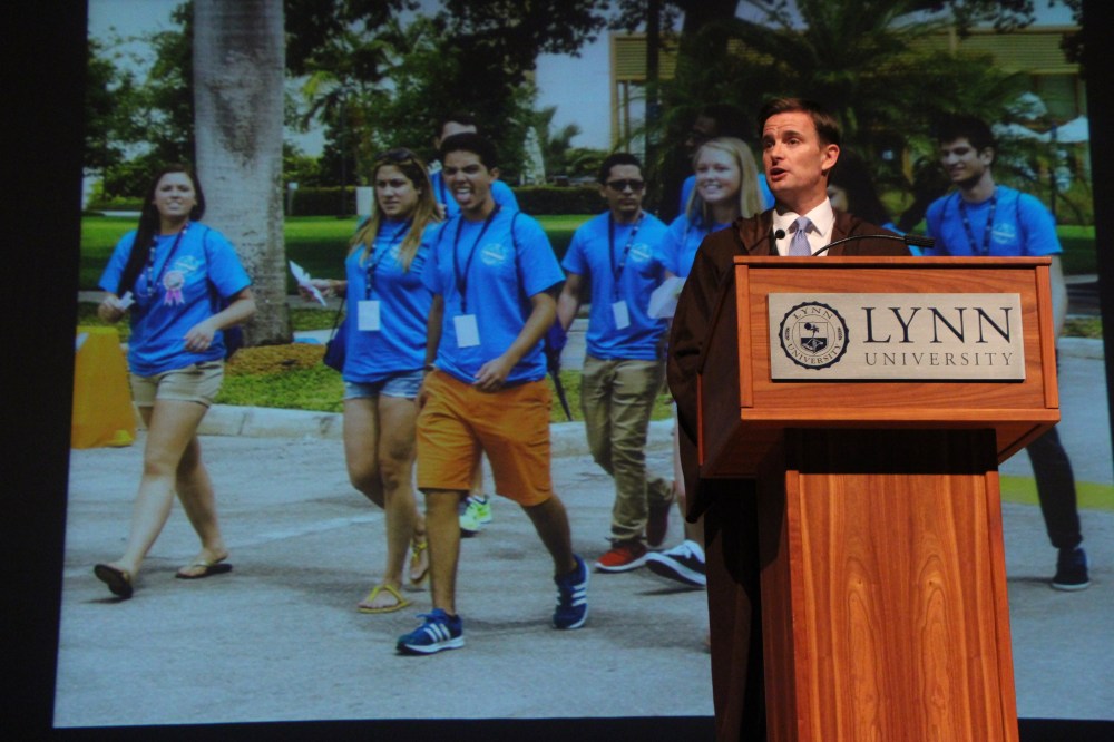 Above: Lynn President Kevin Ross at the State of the University address. Stock Photo.